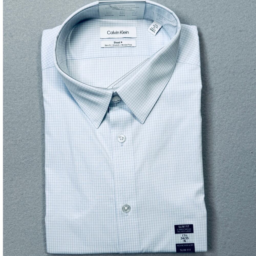 Calvin Klein Steel Men's Stretch RegFit Dress Shirt blue 17.5 34-35 $85